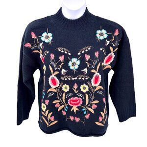 CLICHE NAVY BLUE COLORFUL EMBROIDERED FLORAL MOCK TURTLENECK SWEATER - L
